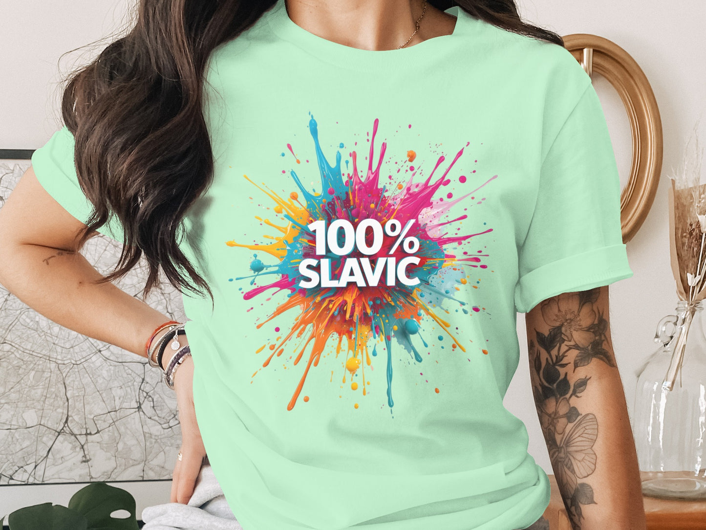 100% Slavic Paint Splatter Graphic Light Green product type