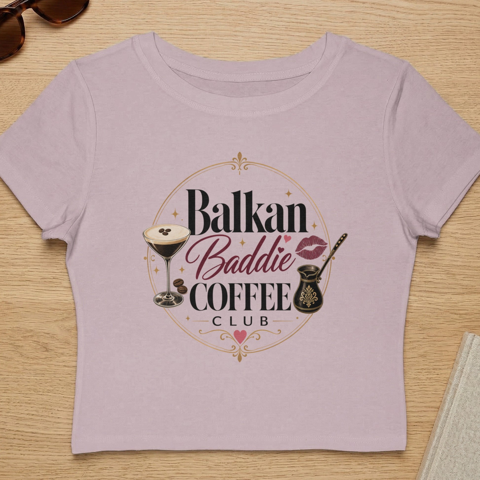 Balkan Baddie Coffee Club cropped t-shirt with coffee cup, martini, and cezve graphic.