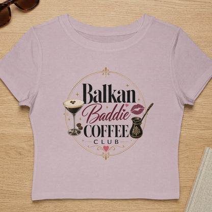 Balkan Baddie Coffee Club cropped t-shirt with coffee cup, martini, and cezve graphic.