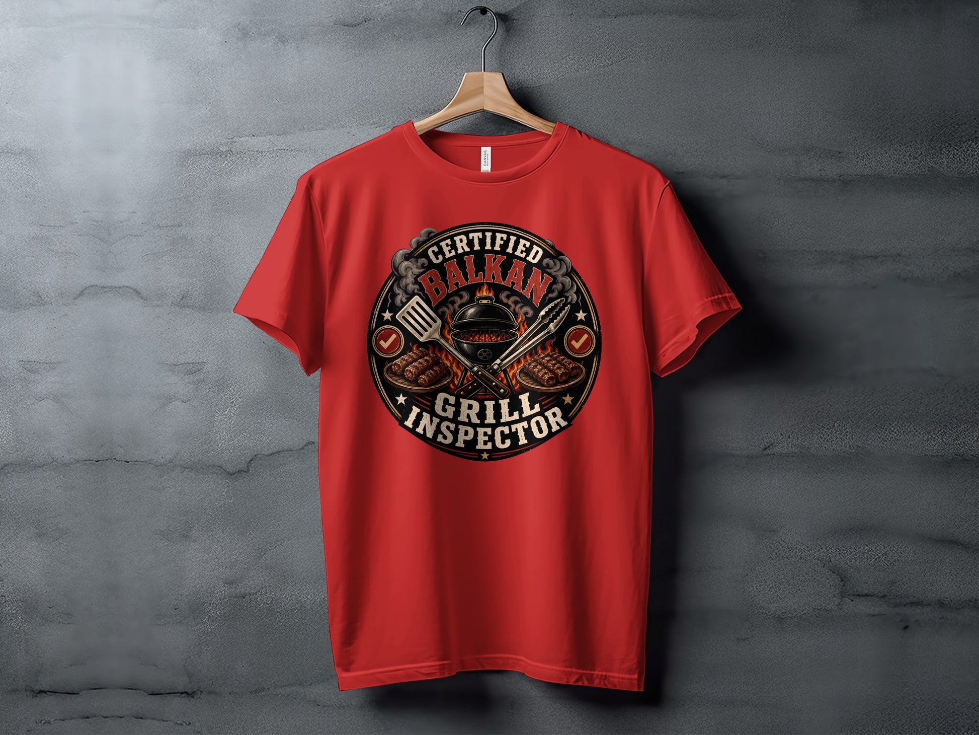 Red t-shirt with "Certified Balkan Grill Inspector" logo featuring grill tools and meat.