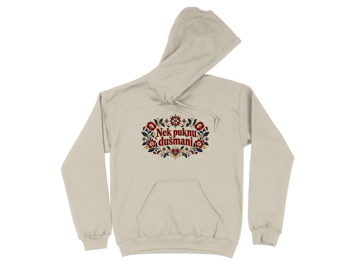 A light gray hooded sweatshirt featuring traditional red and blue floral embroidery with the text Nek puknu dusmani.