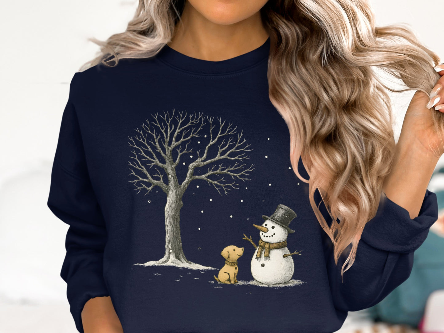 Cozy Winter Scene Snowman and Dog Graphic Sweatshirt