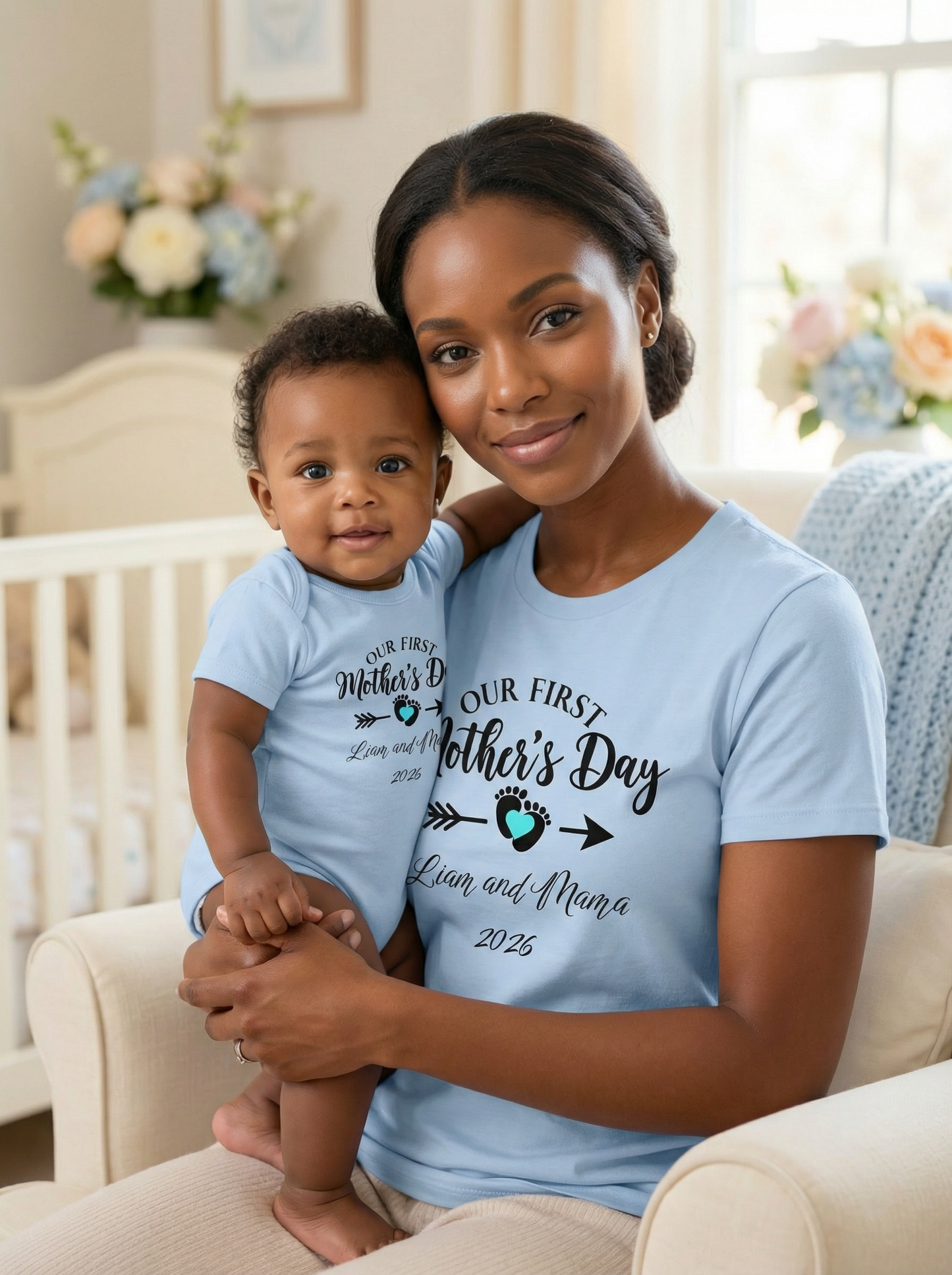 Our First Mothers Day Baby Boy and Mama 2026 Custom T-shirts and Onesie