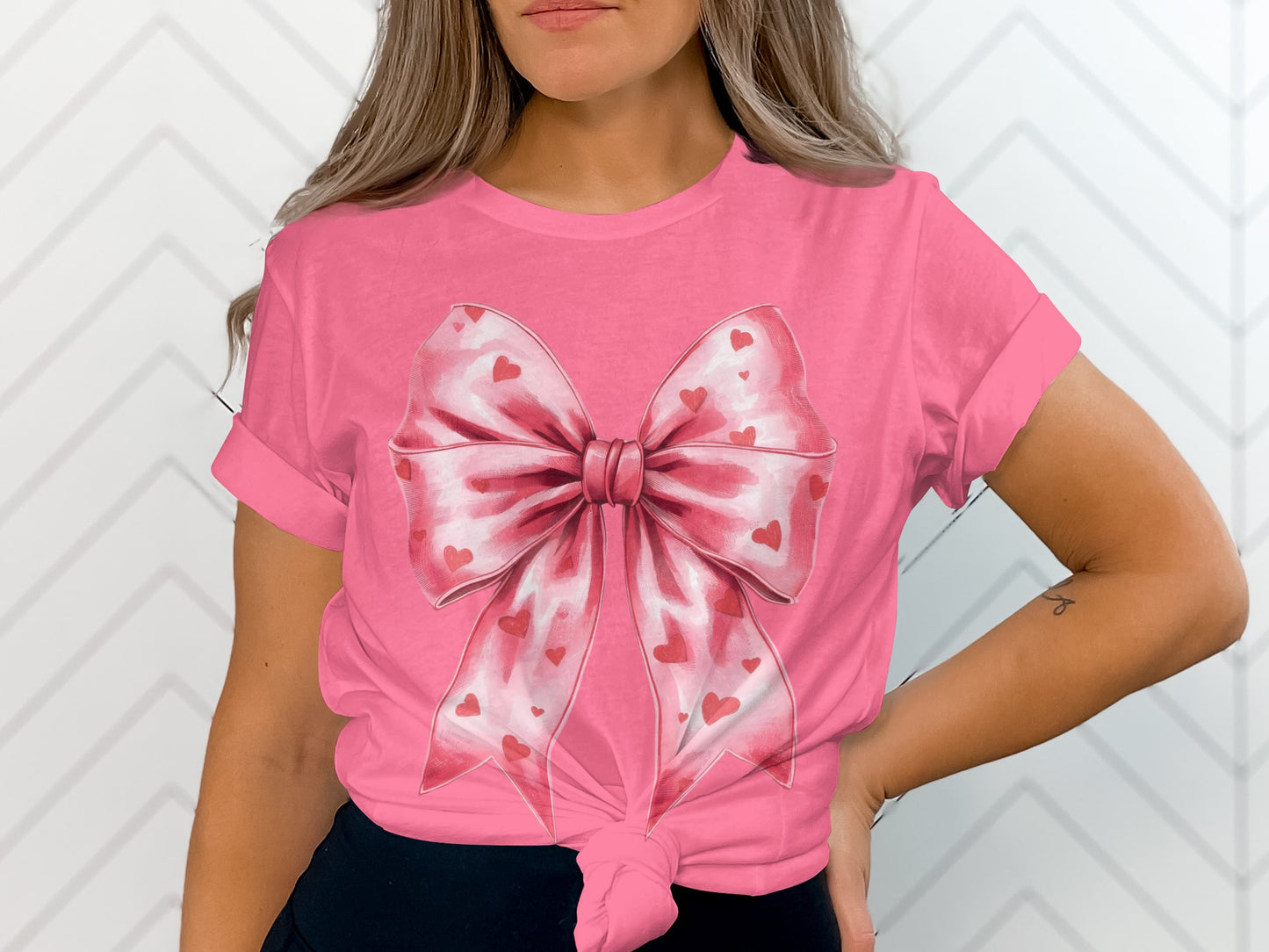 Pink T-Shirt with Heart Patterned Bow Design Top