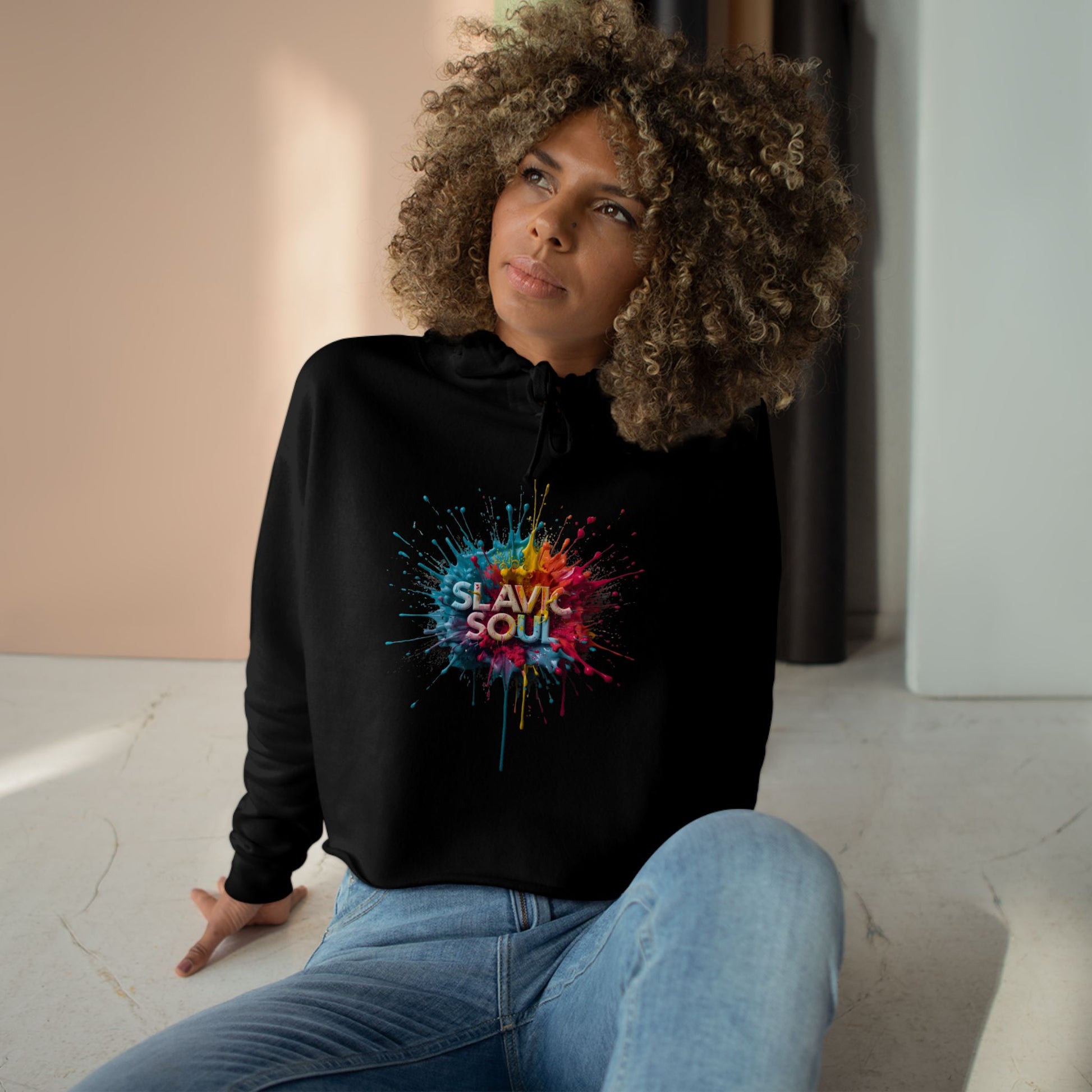 Slavic Soul colorful splash print black cropped hoodie product type