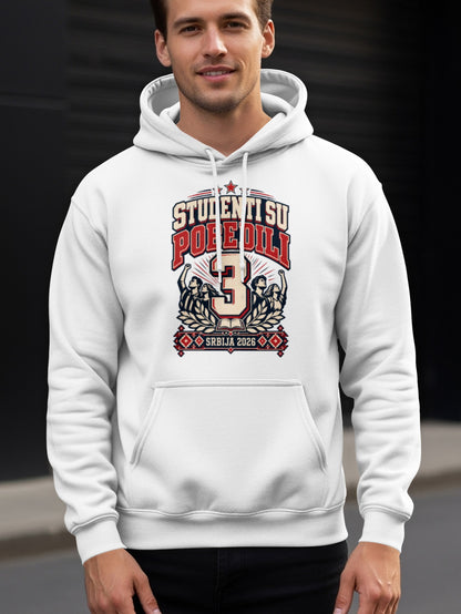 A man wearing a white hooded sweatshirt with a graphic featuring text and a number three.