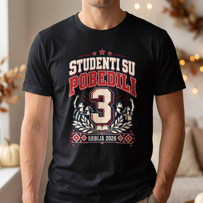 A person wearing a black t-shirt printed with text and graphics celebrating students in Serbia.
