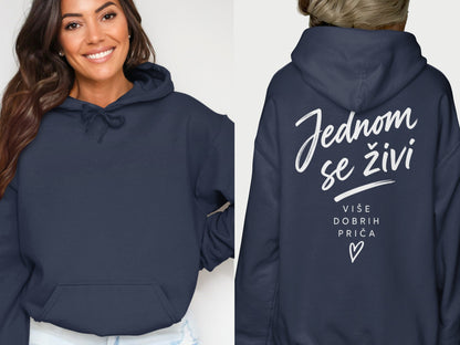 Dark navy hoodie with white text: "Jednom se živi" and a heart.