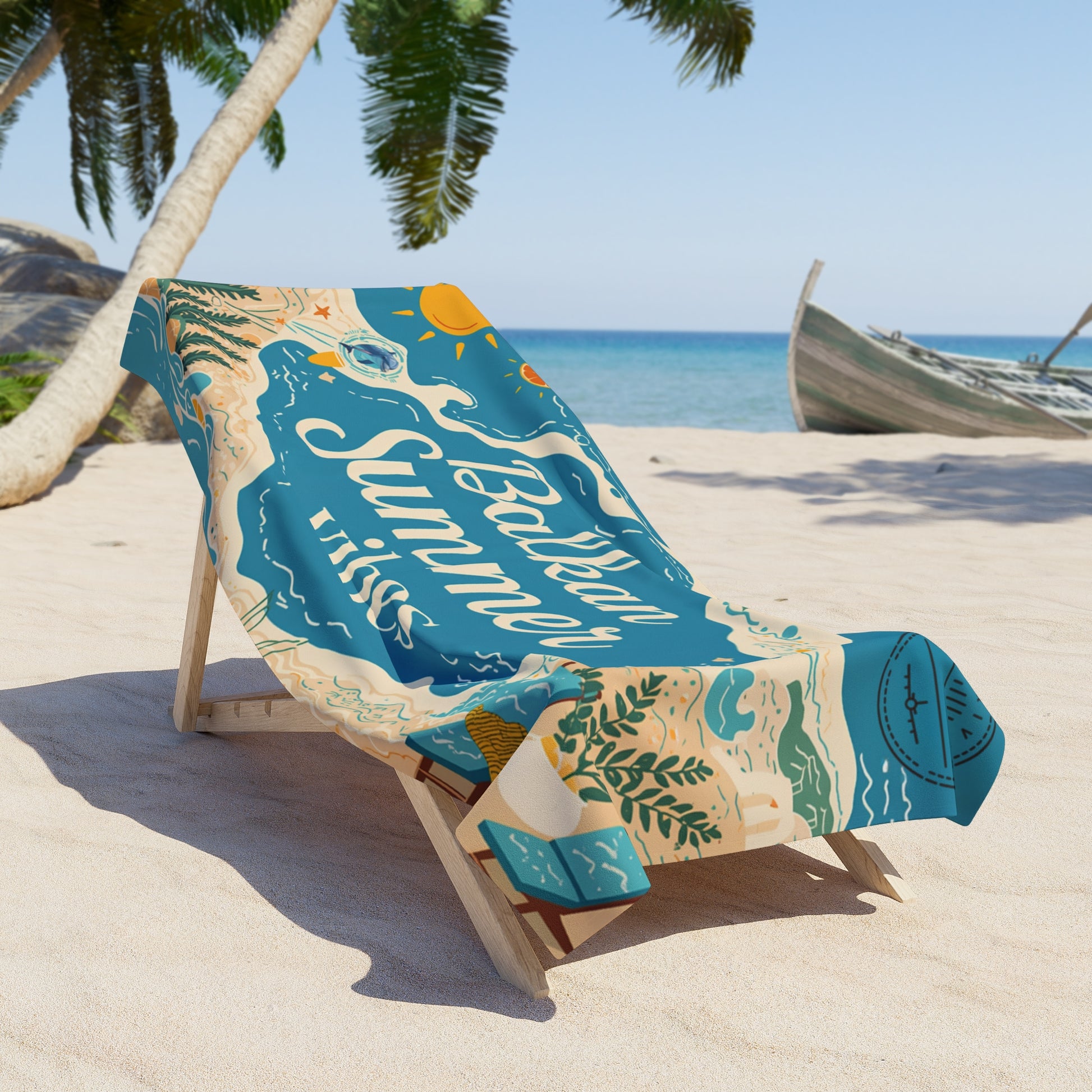 Beach towel with "Balkan Summer Vibes" text, palm tree, and ocean scene.
