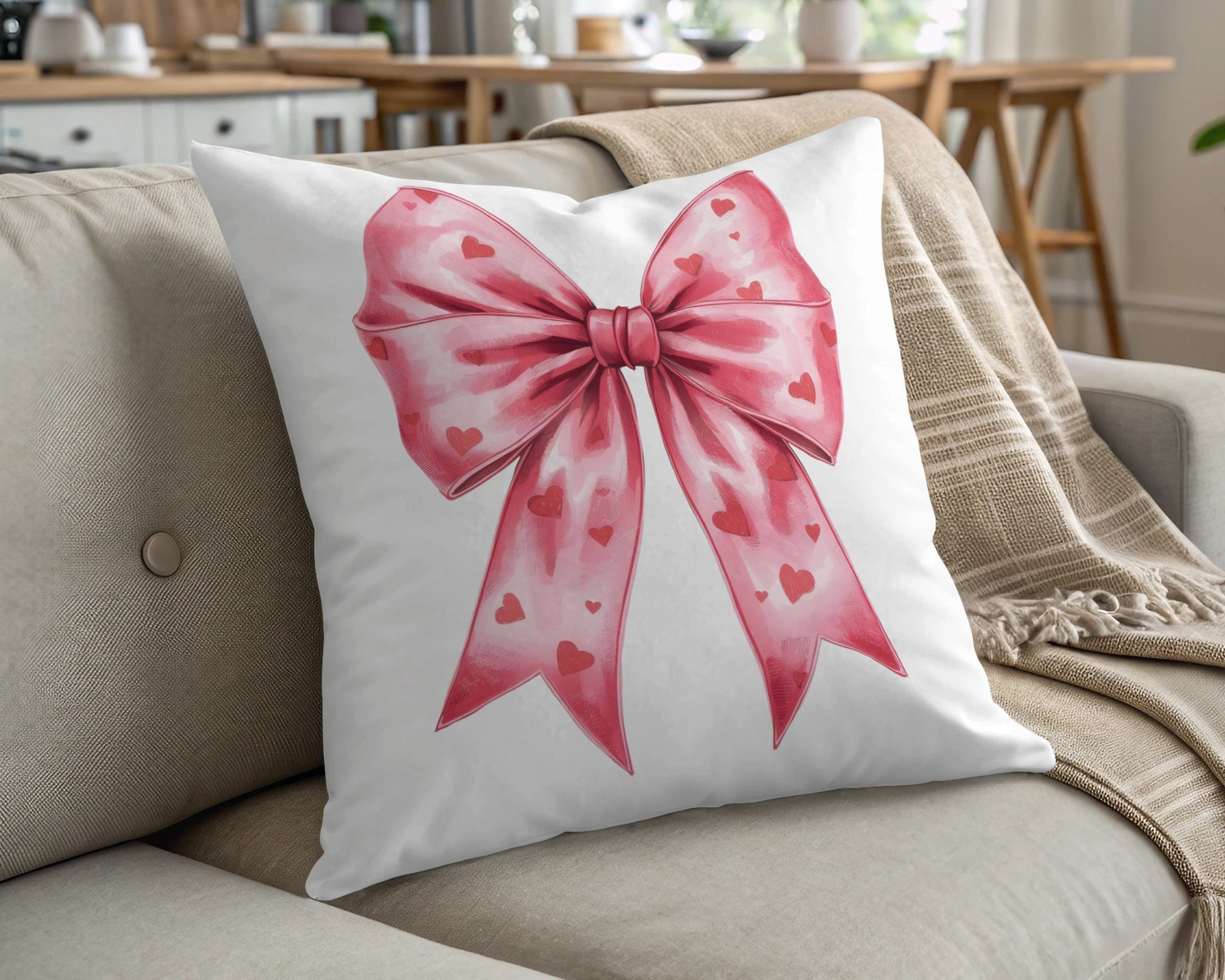 Pink Bow with Hearts Decorative Pillow for Home Decor