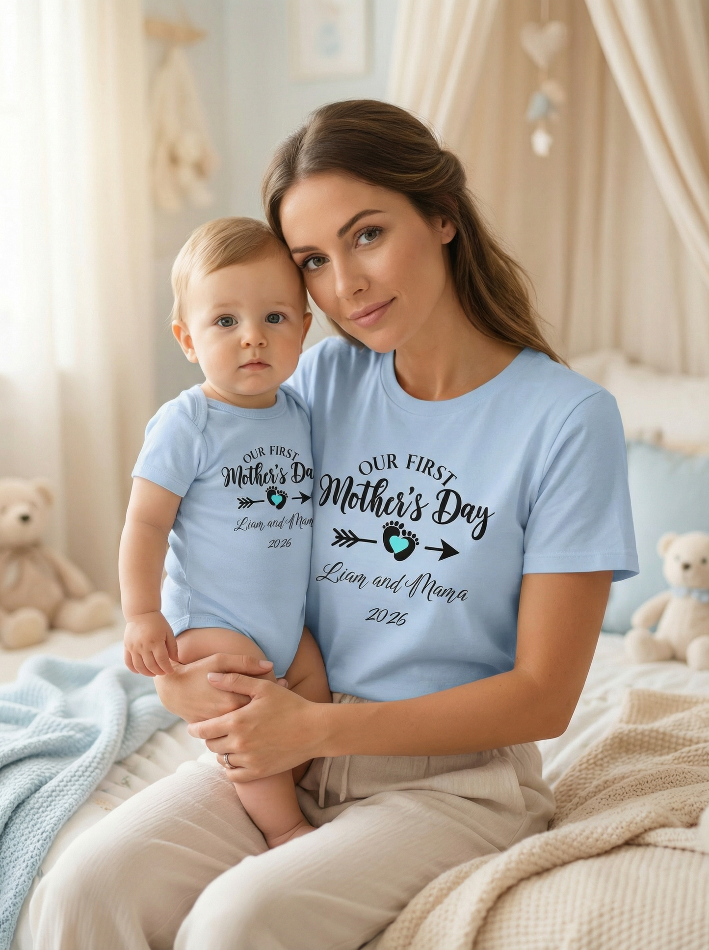 Our First Mothers Day Baby Boy and Mama 2026 Custom T-shirts and Onesie