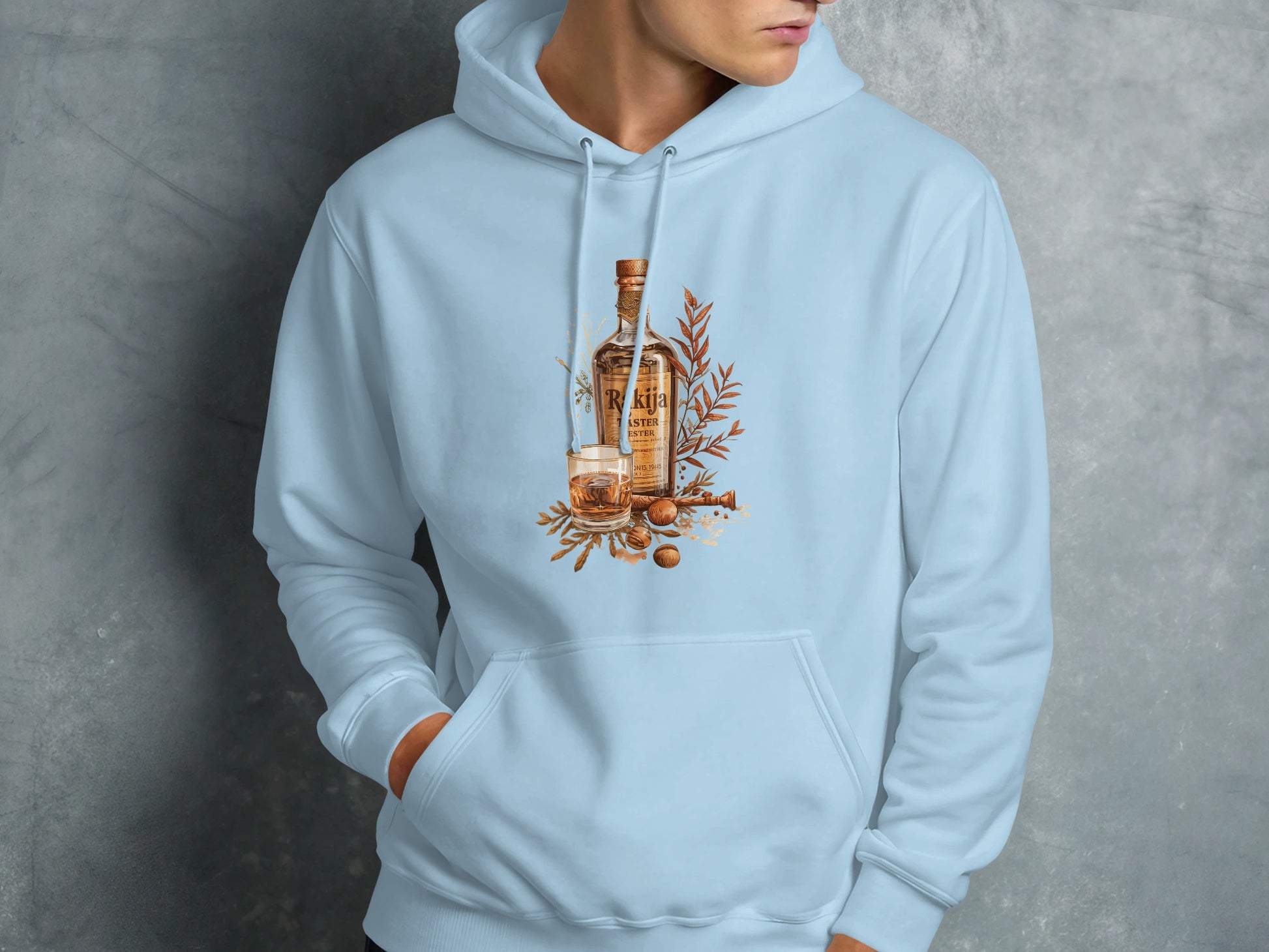 Stylish Hoodie Featuring Whisky Bottle Graphic Design product type