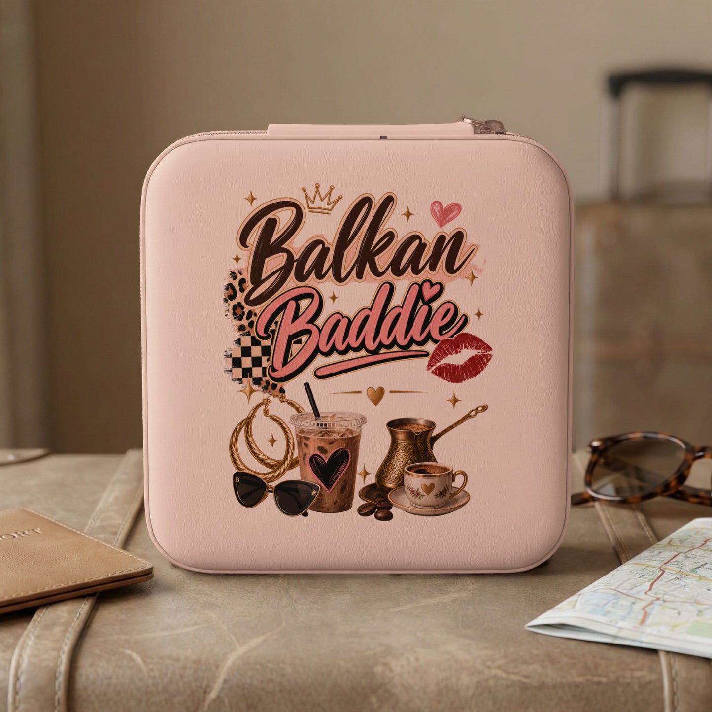 Pink case with "Balkan Baddie" text, Iced coffee, and Bosnian coffee set.