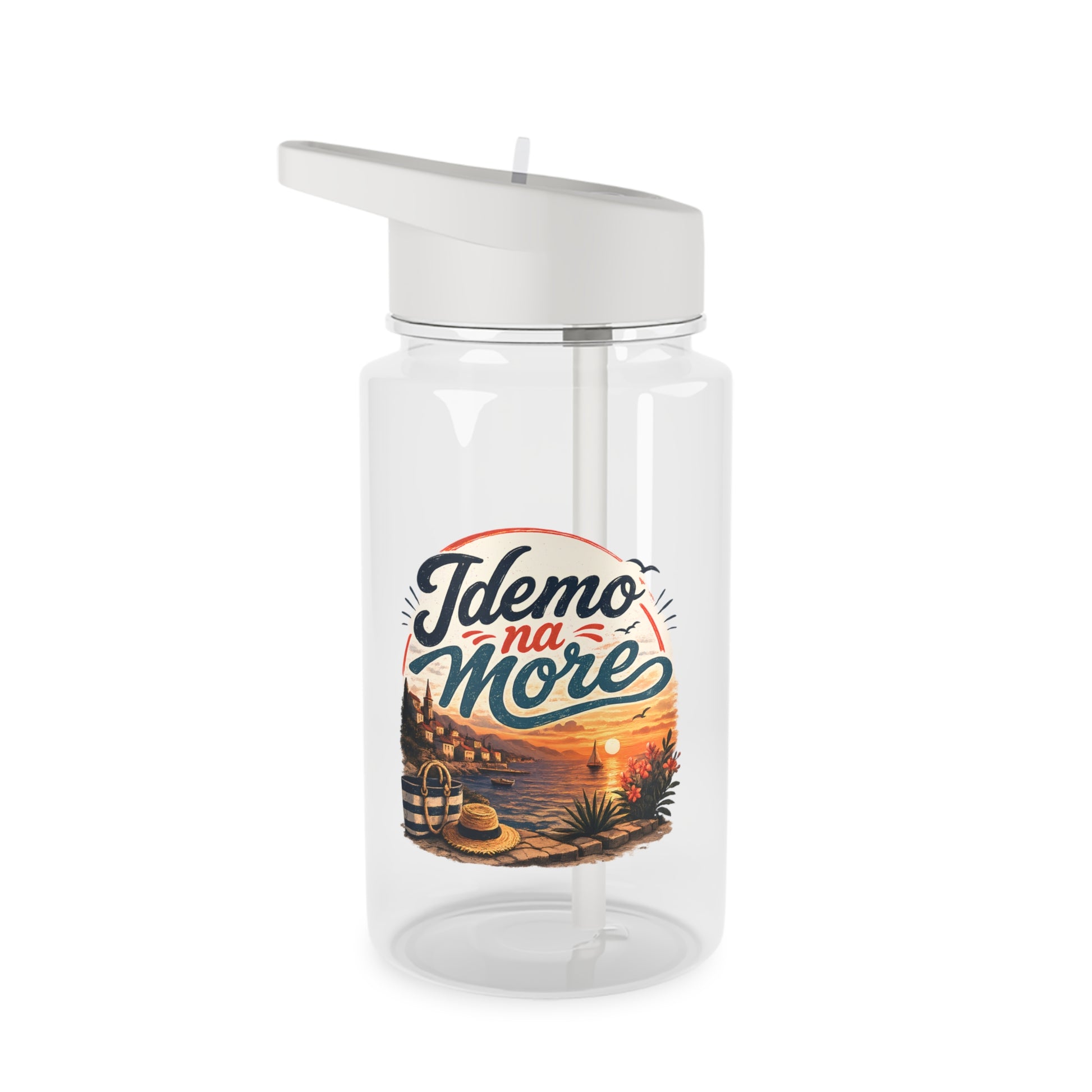 Clear water bottle with white lid and straw, featuring a coastal sunset scene.