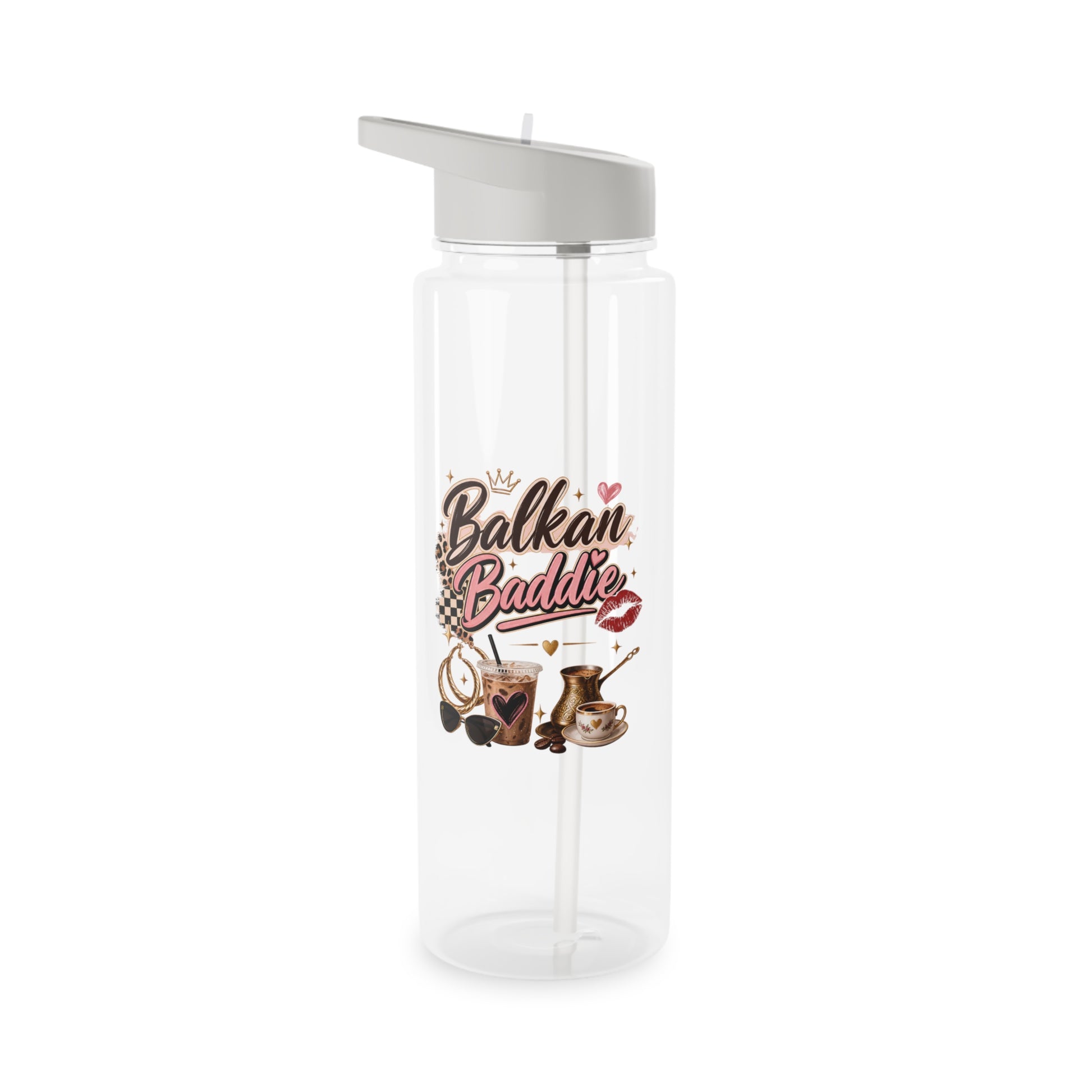 Clear water bottle with "Balkan Baddie" text and coffee and accessories design.