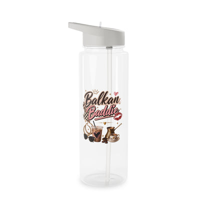 Clear water bottle with "Balkan Baddie" text and coffee and accessories design.