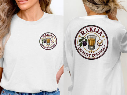 White t-shirt with "Rakija Quality Control" logo on front and back.
