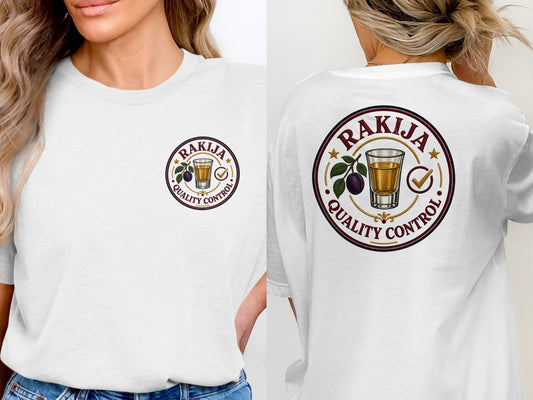 White t-shirt with "Rakija Quality Control" logo on front and back.