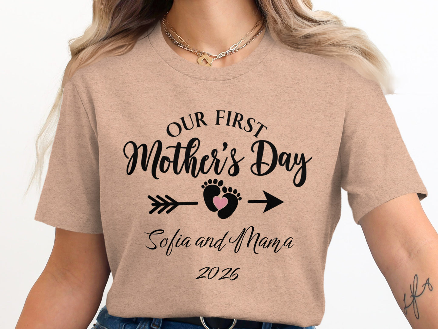 "Our First Mother's Day" Sofia and Mama shirt with heart and arrow.