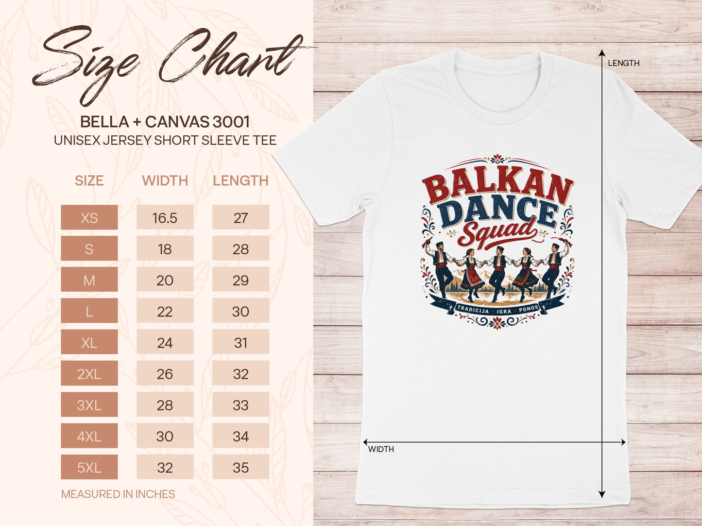 BELLA + CANVAS 3001 size chart with width and length measurements in inches.