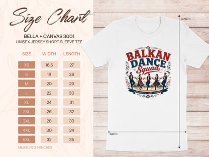BELLA + CANVAS 3001 size chart with width and length measurements in inches.