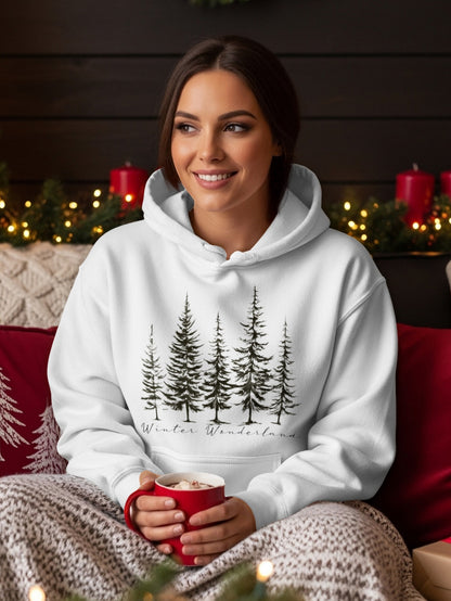 Winter Wonderland Hoodie with Christmas Trees Print