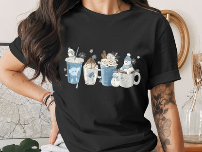 Winter Themed Hot Beverage Design on Black T-Shirt