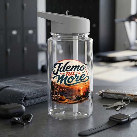 Clear water bottle with "Idemo na More" text over a coastal sunset scene.