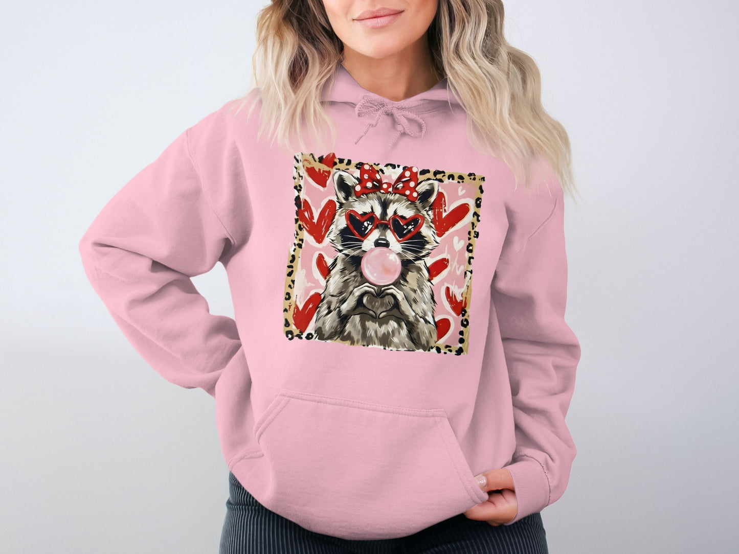 Cute Raccoon with Hearts Pink Hoodie Valentine Sweatshirt