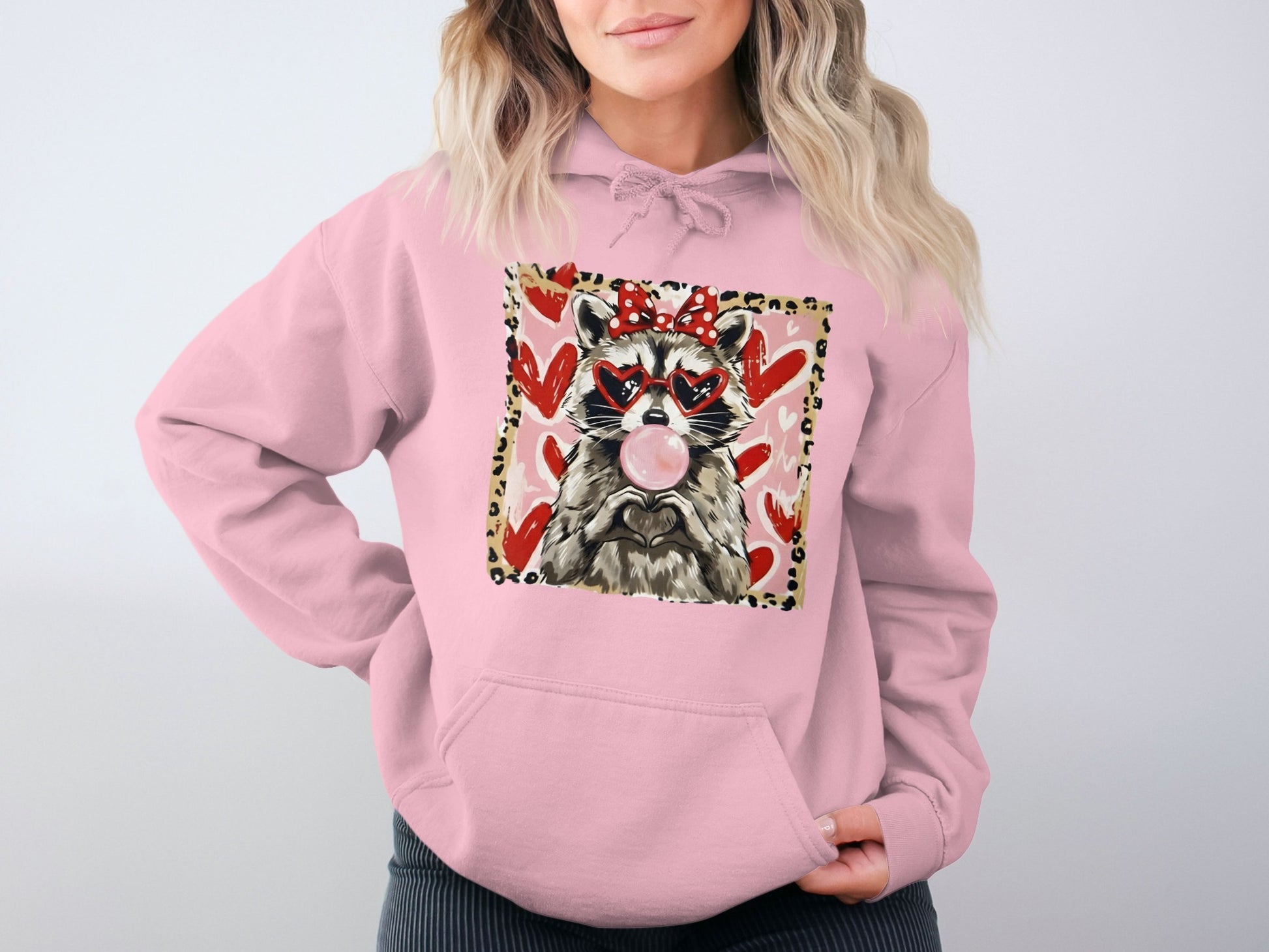 Cute Raccoon with Hearts Pink Hoodie Valentine Sweatshirt