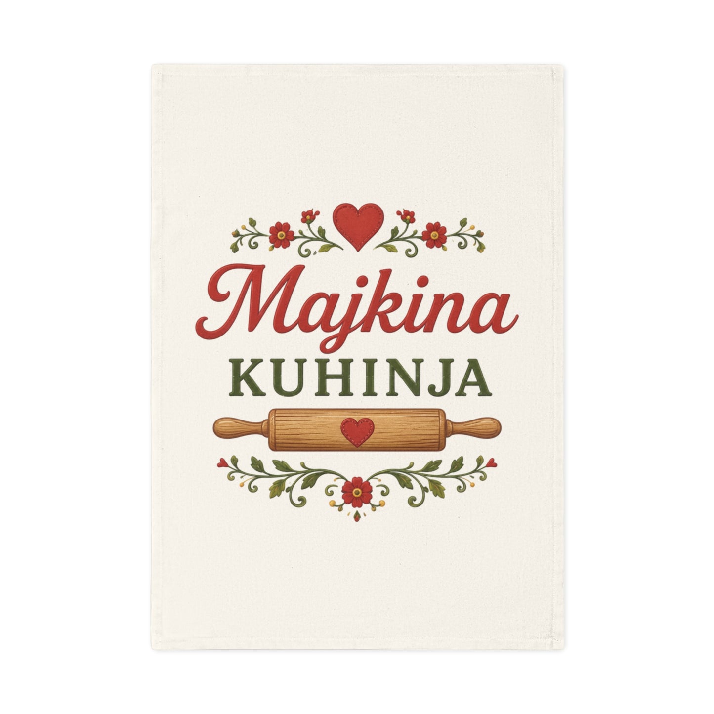 Tea towel with red script "Majkina" and green text "KUHINJA" over rolling pin.