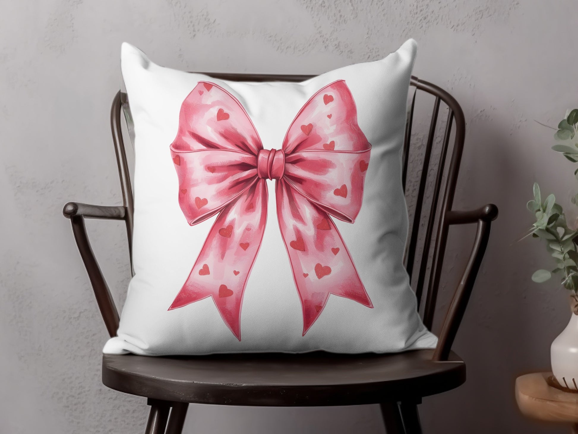 Pink Heart Pattern Bow White Throw Pillow Decorative