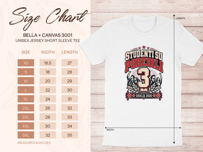 White t-shirt with a graphic design and a Bella + Canvas 3001 size chart.
