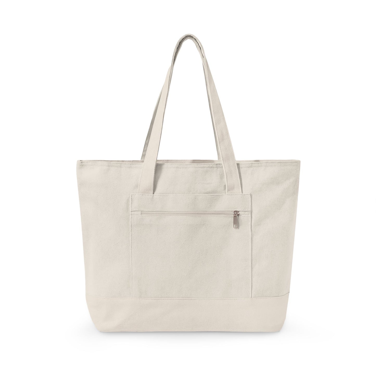 Cream canvas tote bag with front zipper pocket and shoulder straps.