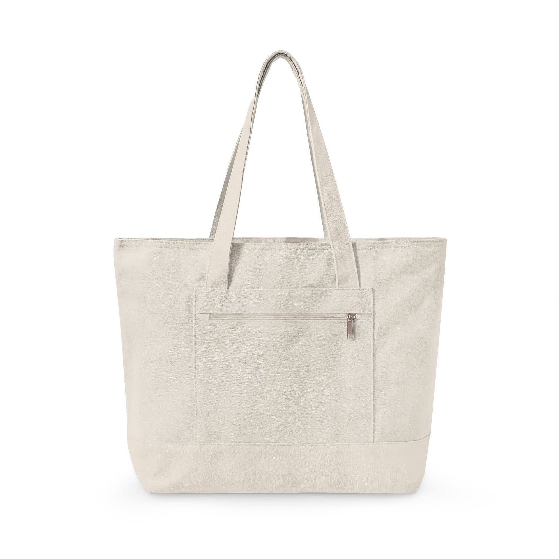 Cream canvas tote bag with front zipper pocket and shoulder straps.