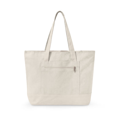 Cream canvas tote bag with front zipper pocket and shoulder straps.