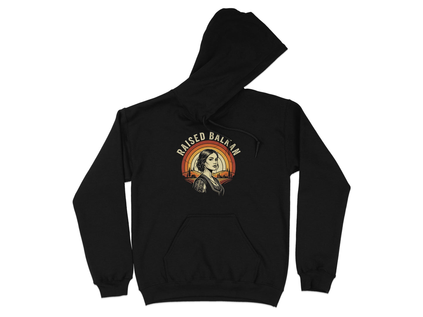 Black hoodie with retro graphic of woman and "RAISED BALKAN" text.