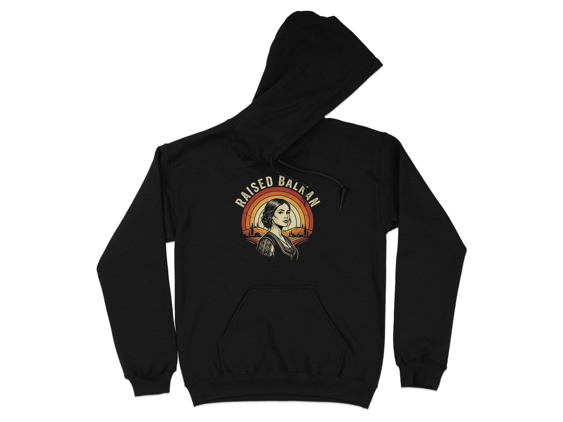 Black hoodie with retro graphic of woman and "RAISED BALKAN" text.