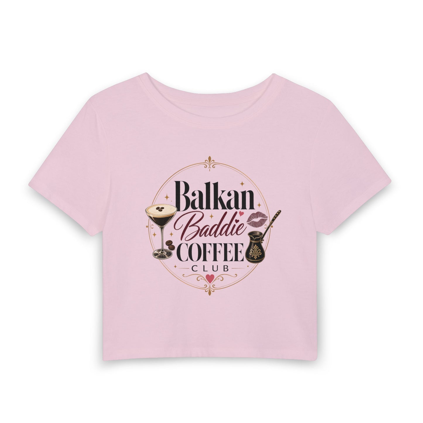 Pink t-shirt with "Balkan Baddie Coffee Club" text and coffee illustrations.