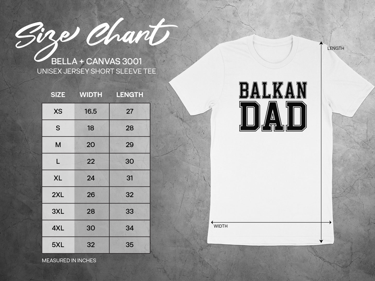Size chart for Bella + Canvas 3001 unisex t-shirt, showing width and length measurements.