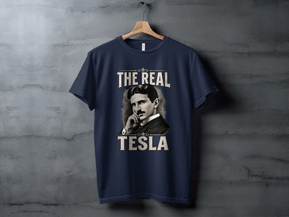 Navy t-shirt with "The Real Tesla" text and portrait of Nikola Tesla.