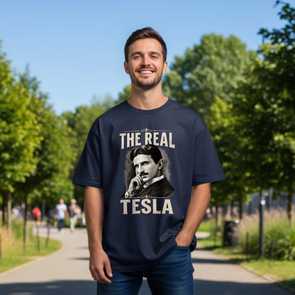 Navy t-shirt with portrait of Nikola Tesla and text "THE REAL TESLA".
