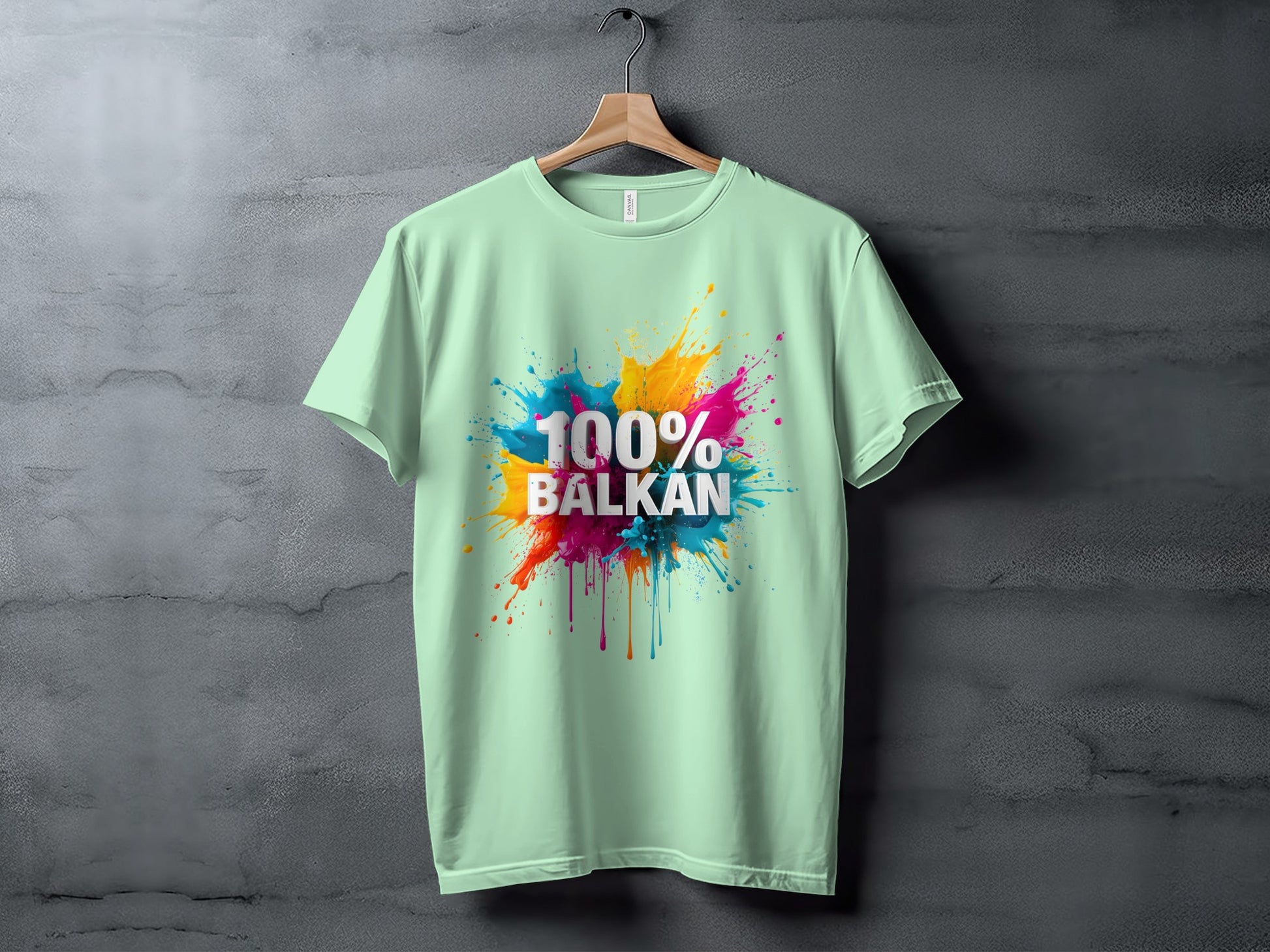 100% Balkan colorful splatter design light green t-shirt product type