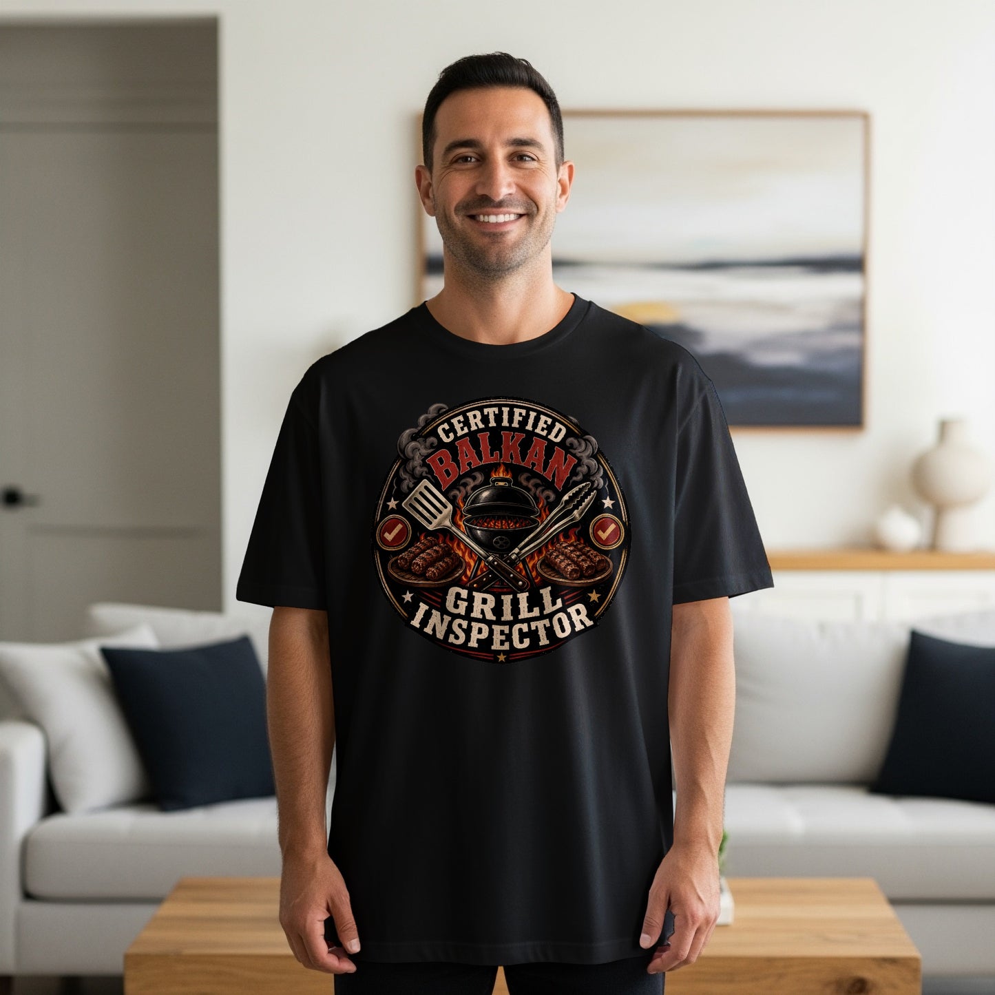Black t-shirt with "Certified Balkan Grill Inspector" text and grilling graphics.