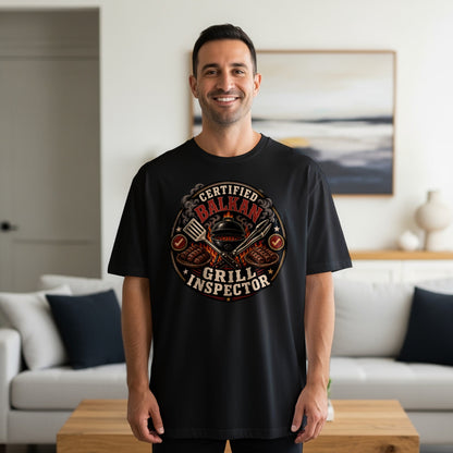 Black t-shirt with "Certified Balkan Grill Inspector" text and grilling graphics.