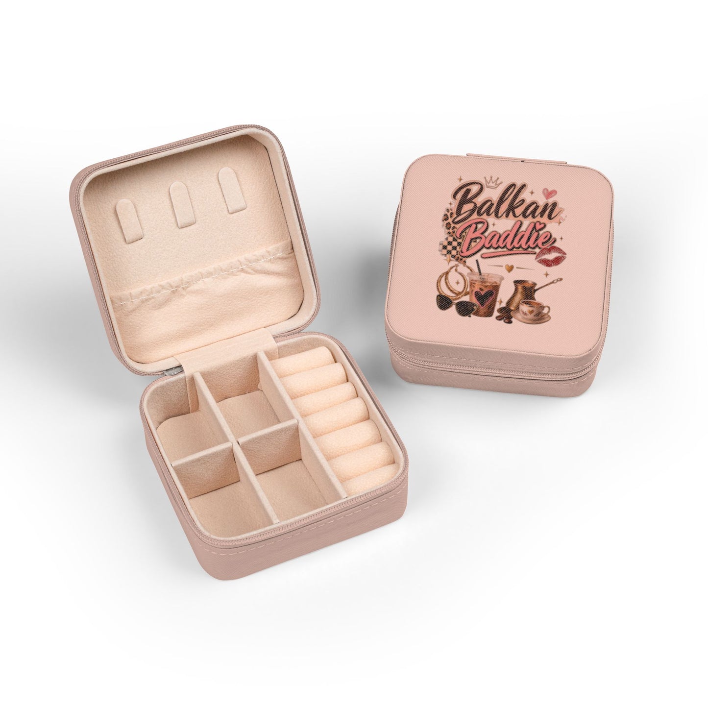 Pink jewelry box with "Balkan Baddie" text and graphics, one open with compartments.