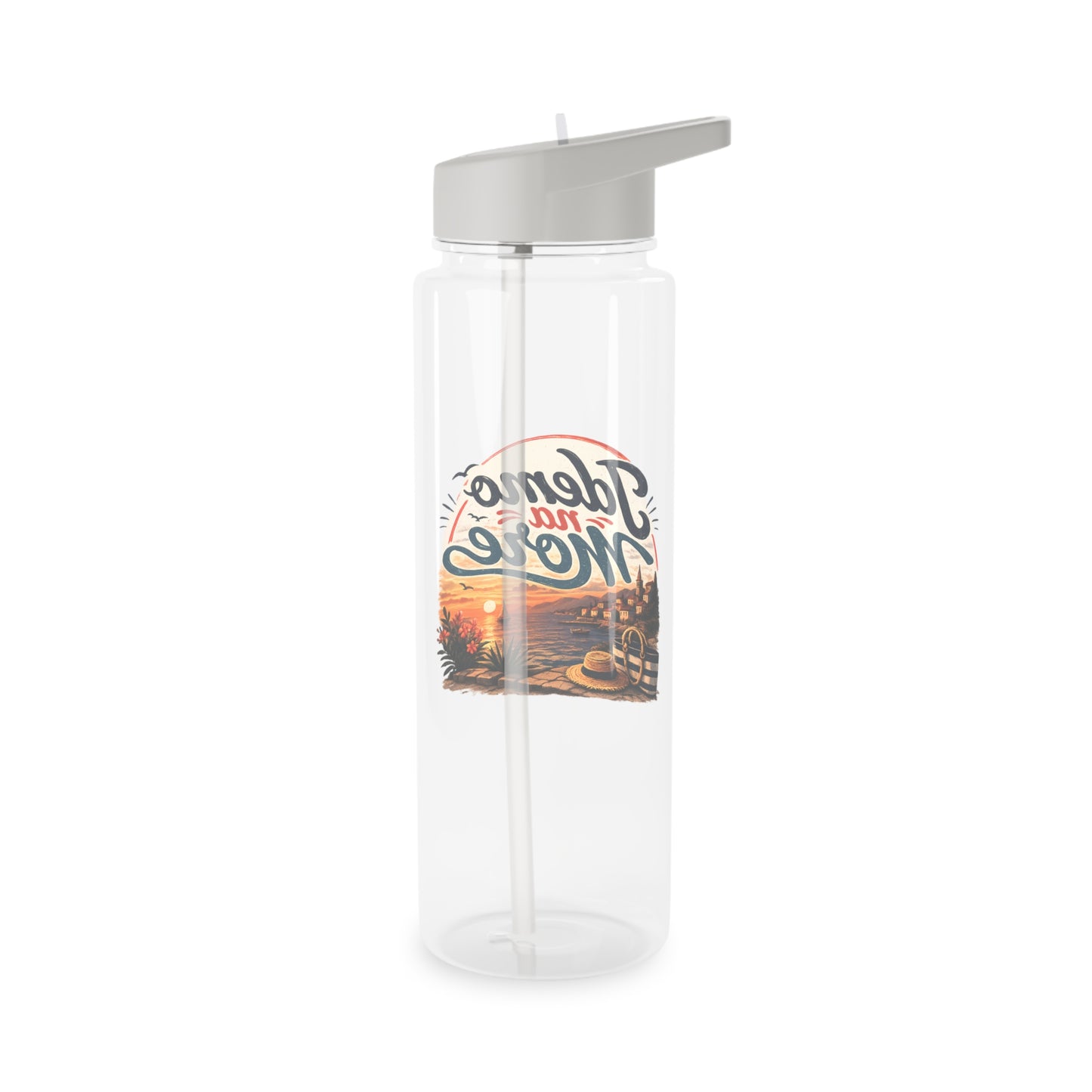 Clear water bottle with gray lid and straw, featuring a beach sunset graphic.