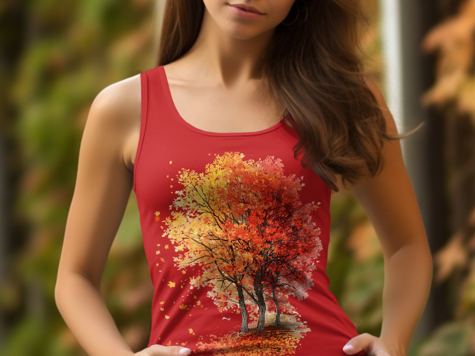 Scenic Autumn Trees Art on Red Tank Top product type