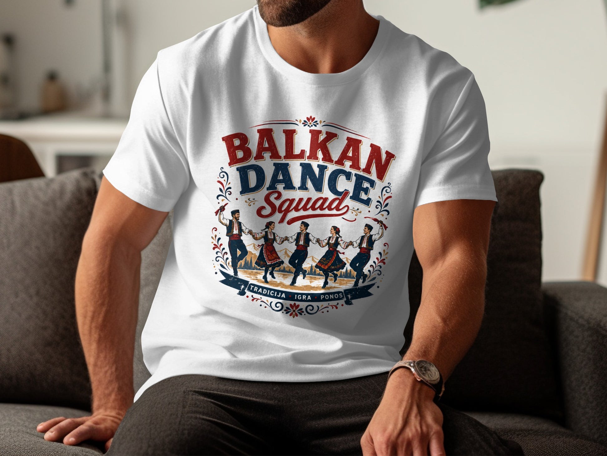 White t-shirt with "BALKAN DANCE Squad" and dancers in traditional clothing.