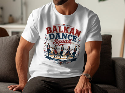 White t-shirt with "BALKAN DANCE Squad" and dancers in traditional clothing.